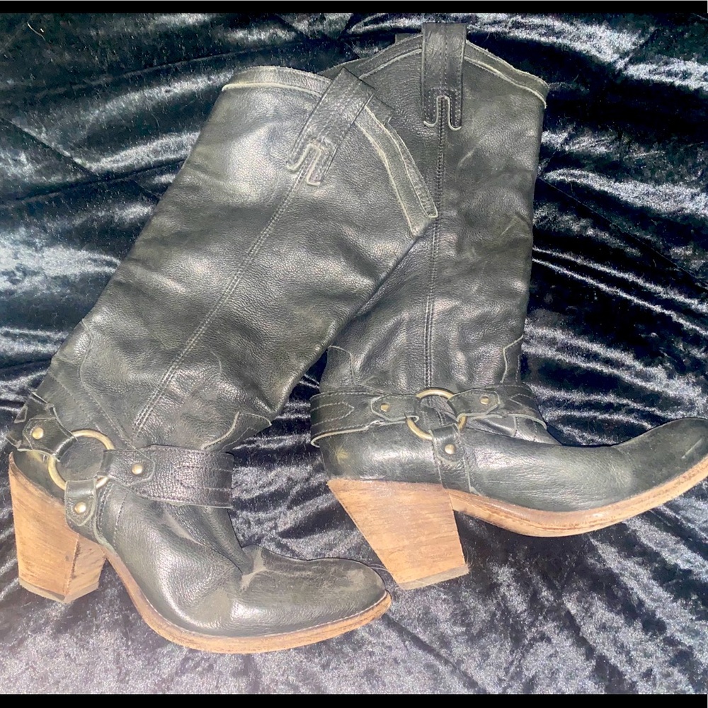 Black leather Frye harness boots